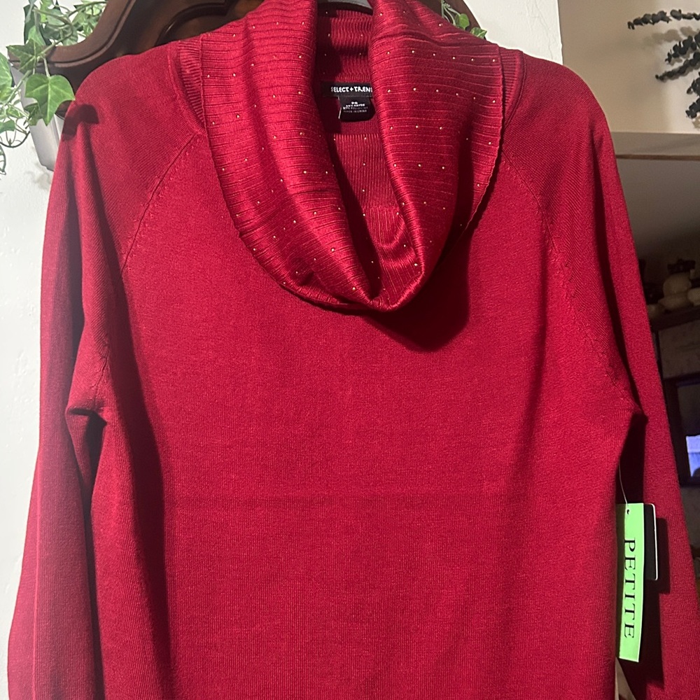 Deep, rich, red wine, gold, embellished, pullover, cowl  neck sweater